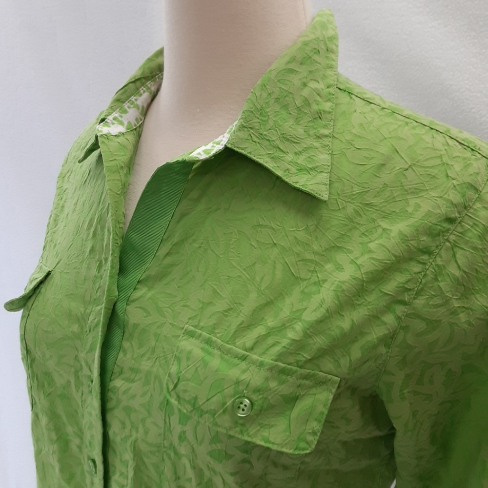 Vibrant green tab sleeve button up camp shirt Coldwater Creek women Petite Sm EU